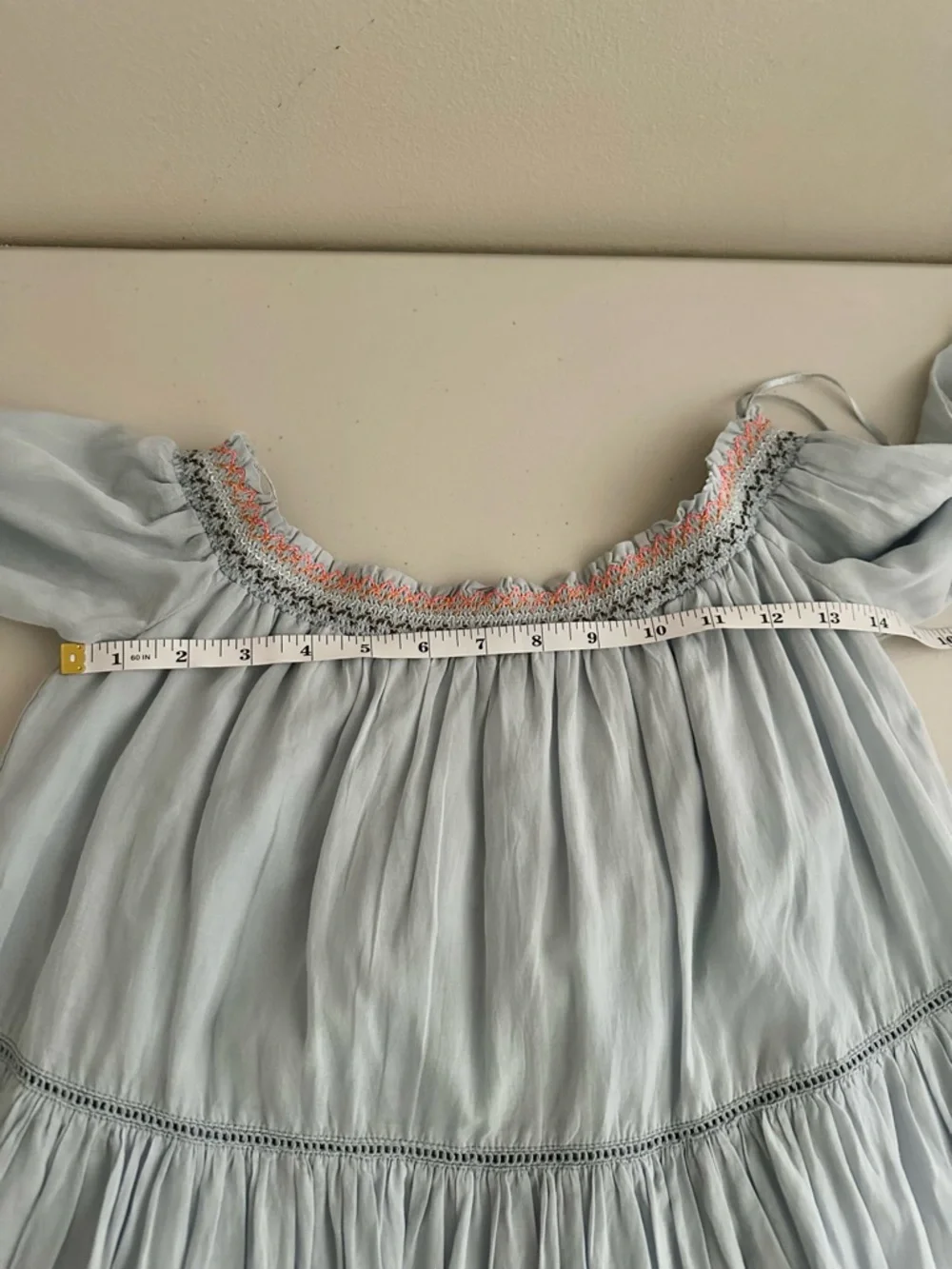 Free People Blue Embroidered Babydoll Mini Dress XS Boho Peasant Floral Festival